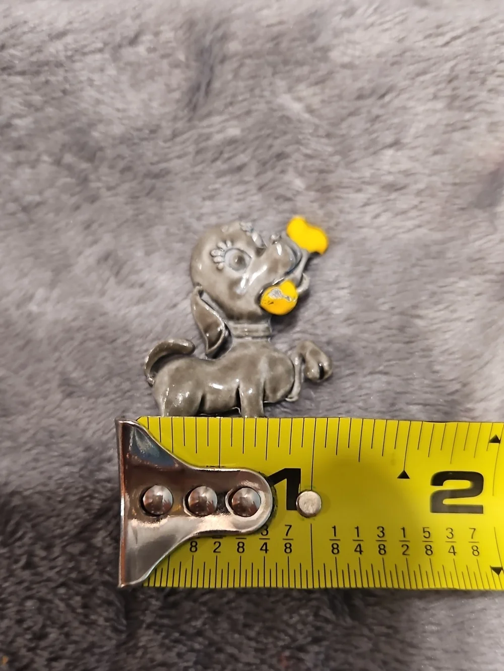 Vintage enamel brooch/pin - gray puppy holding a yellow bone.